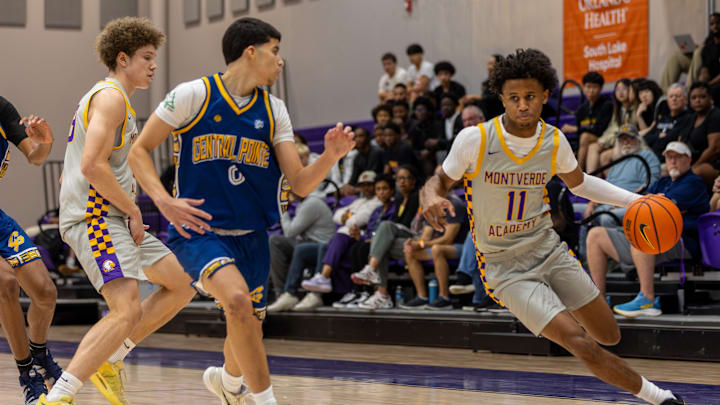 Montverde Academy junior guard Oneal Delancy (11), shown here in an earlier game, has led the Eagles to the No. 2 ranking in this week's High School on SI Florida Boys Basketball Top 25.