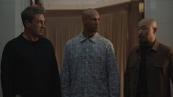 Jon Hamm, Mark Tallman and Hoon Lee in "Your Friends & Neighbors," now streaming on Apple TV