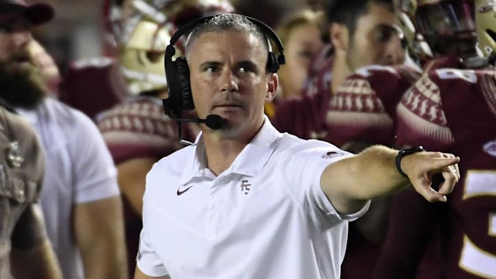 Sep 5, 2021; Tallahassee, Florida, USA; Florida State Seminoles head coach Mike Norvell during the game against the Notre Dame Fighting Irish at Doak S. Campbell Stadium. Mandatory Credit: Melina Myers-Imagn Images