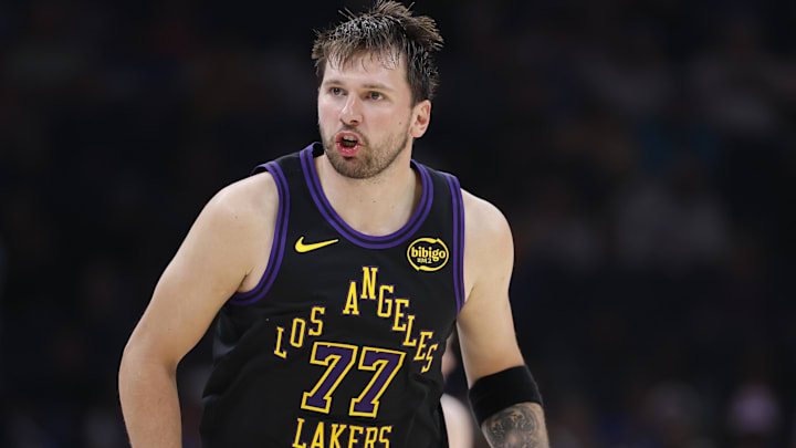 Apr 2, 2026; Oklahoma City, Oklahoma, USA; Los Angeles Lakers guard Luka Doncic (77) reacts after a play against the Oklahoma City Thunder during the second half at Paycom Center. Mandatory Credit: Alonzo Adams-Imagn Images Apr 2, 2026; Oklahoma City, Oklahoma, USA; Los Angeles Lakers guard Luka Doncic (77) reacts after a play against the Oklahoma City Thunder during the second half at Paycom Center. Mandatory Credit: Alonzo Adams-Imagn Images