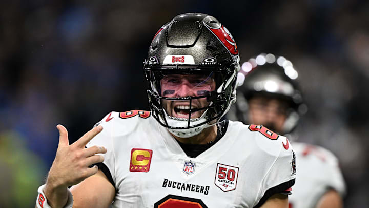Tampa Bay Buccaneers quarterback Baker Mayfield (6) reacts against the Detroit Lions 