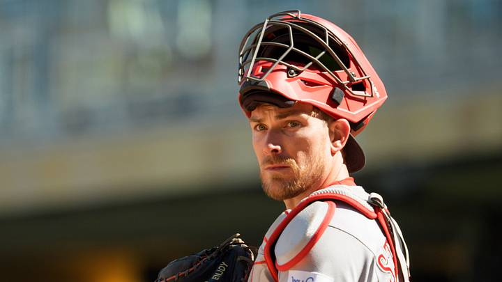 Apr 18, 2026; Minneapolis, Minnesota, USA; Cincinnati Reds catcher Tyler Stephenson (37) looks to the dougout before a pitch against the Minnesota Twins in the seventh inning at Target Field. Mandatory Credit: Matt Blewett-Imagn Images