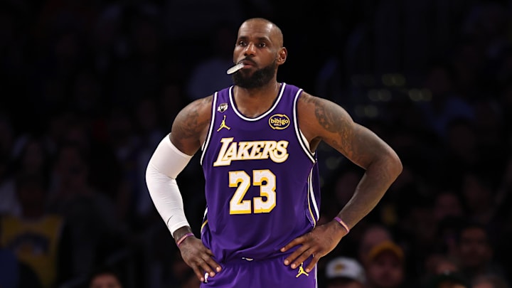 Feb 9, 2026; Los Angeles, California, USA;  Los Angeles Lakers forward LeBron James (23) looks on during the second half against the Oklahoma City Thunder at Crypto.com Arena. Mandatory Credit: Kiyoshi Mio-Imagn Images