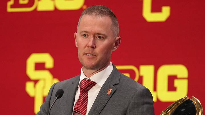 Jul 24, 2025; Las Vegas, NV, USA; USC head coach Lincoln Riley speaks to the media during the Big Ten NCAA college football media days at Mandalay Bay Resort. Mandatory Credit: Lucas Peltier-Imagn Images Jul 24, 2025; Las Vegas, NV, USA; USC head coach Lincoln Riley speaks to the media during the Big Ten NCAA college football media days at Mandalay Bay Resort. Mandatory Credit: Lucas Peltier-Imagn Images
