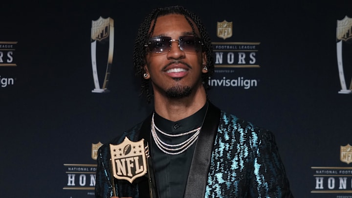 Feb 6, 2025; New Orleans, LA, USA; Washington Commanders quarterback Jayden Daniels poses with the Offensive Rookie of the Year award during Super Bowl LIX NFL Honors at Saenger Theatre. Mandatory Credit: Kirby Lee-Imagn Images