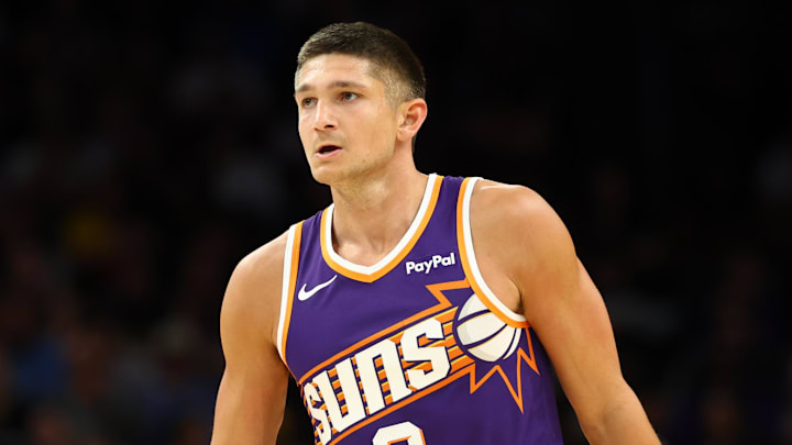 Feb 26, 2026; Phoenix, Arizona, USA; Phoenix Suns guard Grayson Allen (8) against the Los Angeles Lakers at Mortgage Matchup Center. Mandatory Credit: Mark J. Rebilas-Imagn Images