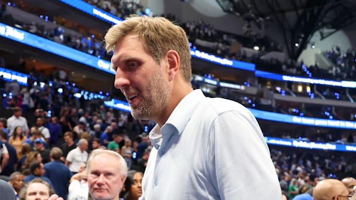 Jun 12, 2024; Dallas, Texas, USA; Dallas Mavericks former player Dirk Nowitzki walks off the court after their loss against the Boston Celtics in game three of the 2024 NBA Finals at American Airlines Center. Mandatory Credit: Kevin Jairaj-Imagn Images