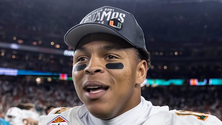 Jan 8, 2026; Glendale, AZ, USA; Miami Hurricanes linebacker Raul Aguirre Jr. (10) celebrates after defeating the Mississippi Rebels during the 2026 Fiesta Bowl and semifinal game of the College Football Playoff at State Farm Stadium. Mandatory Credit: Mark J. Rebilas-Imagn Images
