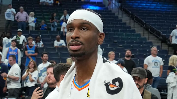 May 26, 2025; Minneapolis, Minnesota, USA; Oklahoma City Thunder guard Shai Gilgeous-Alexander (2) reacts after defeating the Minnesota Timberwolves in game four of the western conference finals for the 2025 NBA Playoffs at Target Center. Mandatory Credit: Jesse Johnson-Imagn Images