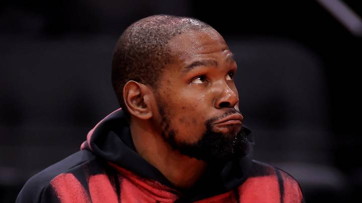 Oct 26, 2026; Houston, Texas, USA;  Houston Rockets forward Kevin Durant (7) on the bench during pregame warm ups prior to the game against the Atlanta Hawks at Toyota Center.  Mandatory Credit: Erik Williams-Imagn Images