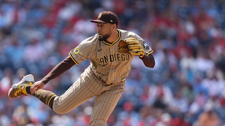 San Diego Padres pitcher Robert Suarez (75) throws a pitch during the ninth inning against the Philadelphia Phillies at Citizens Bank Park on July 2. San Diego Padres pitcher Robert Suarez (75) throws a pitch during the ninth inning against the Philadelphia Phillies at Citizens Bank Park on July 2.