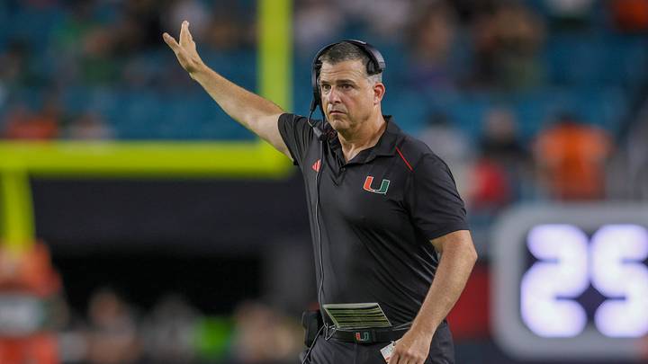 Sep 1, 2023; Miami Gardens, Florida, USA; Miami Hurricanes head coach Mario Cristobal reacts on the field against the Miami Redhawks during the fourth quarter at Hard Rock Stadium. Mandatory Credit: Sam Navarro-USA TODAY Sports
