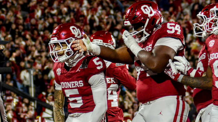 Oklahoma wide receiver Isaiah Sategna celebrates after scoring a touchdown against Alabama in the CFP.