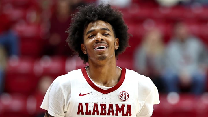 Dec 17, 2025; Tuscaloosa, Alabama, USA; Alabama Crimson Tide guard Labaron Philon (0) dribbles the ball during final minute of a game against the South Florida Bulls at Coleman Coliseum. Mandatory Credit: David Leong-Imagn Images