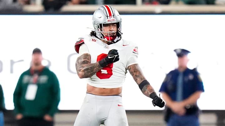 Sep 28, 2024; East Lansing, Michigan, USA; Ohio State Buckeyes safety Lathan Ransom (8) celebrates in the first half at Spartan Stadium on Saturday. Sep 28, 2024; East Lansing, Michigan, USA; Ohio State Buckeyes safety Lathan Ransom (8) celebrates in the first half at Spartan Stadium on Saturday.