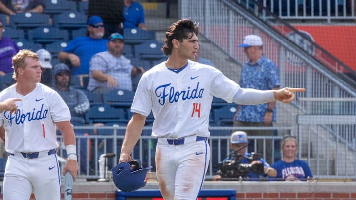 Florida utility Jac Caglianone (14) has some words with Kentucky players in the bottom of the third, Florida utility Jac Caglianone (14) has some words with Kentucky players in the bottom of the third,