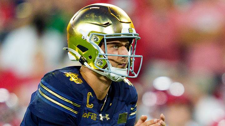 Notre Dame quarterback CJ Carr (13) waits to call the snap during the first half of a NCAA football game against Wisconsin at Lambeau Field on Sunday, Sept. 6, 2026, in Green Bay, WI.