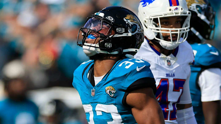 Jacksonville Jaguars running back Bhayshul Tuten (33) reacts to his first down pickup during the first quarter of an NFL football AFC Wild Card playoff matchup, Sunday, Jan. 11, 2026, in Jacksonville, Fla. The Bills defeated the Jaguars 27-24. Jacksonville Jaguars running back Bhayshul Tuten (33) reacts to his first down pickup during the first quarter of an NFL football AFC Wild Card playoff matchup, Sunday, Jan. 11, 2026, in Jacksonville, Fla. The Bills defeated the Jaguars 27-24.