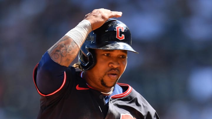 Cleveland Guardians third baseman Jose Ramirez (11) rounds third base prior to scoring during the first inning against the Chicago White Sox at Rate Field on July 12. 