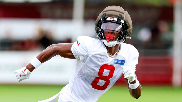 Tampa Bay Buccaneers wide receiver Dean Patterson IV (8) participates in training camp at AdventHealth Training Center. Tampa Bay Buccaneers wide receiver Dean Patterson IV (8) participates in training camp at AdventHealth Training Center.