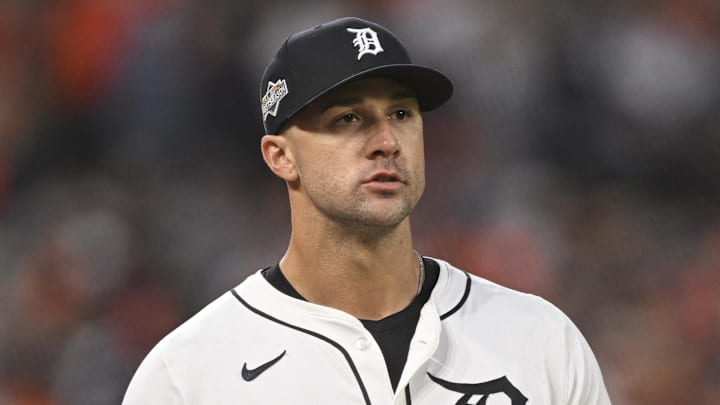 Oct 7, 2025; Detroit, Michigan, USA; Detroit Tigers pitcher Jack Flaherty (9) walks to the dugout after warming up before game three of the ALDS round for the 2025 MLB playoffs against the Seattle Mariners at Comerica Park. Mandatory Credit: Lon Horwedel-Imagn Images