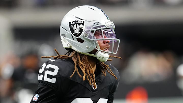 Dec 28, 2025; Paradise, Nevada, USA; Las Vegas Raiders cornerback Eric Stokes (22) warms up before the game against the New York Giants at Allegiant Stadium. Mandatory Credit: Stephen R. Sylvanie-Imagn Images