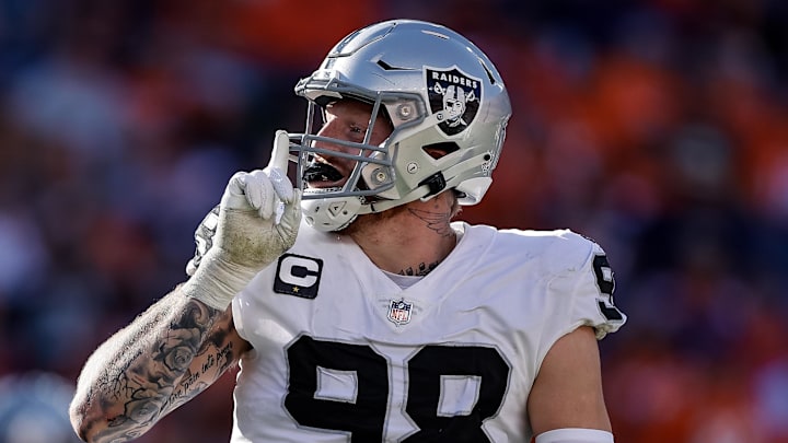 Oct 17, 2021; Denver, Colorado, USA; Las Vegas Raiders defensive end Maxx Crosby (98) reacts after a play in the second quarter against the Denver Broncos at Empower Field at Mile High. Mandatory Credit: Isaiah J. Downing-Imagn Images