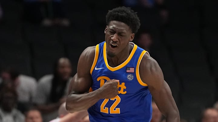 Mar 10, 2026; Charlotte, NC, USA; Pittsburgh Panthers guard Barry Dunning Jr. (22) reacts in the second half at Spectrum Center. Mandatory Credit: Bob Donnan-Imagn Images