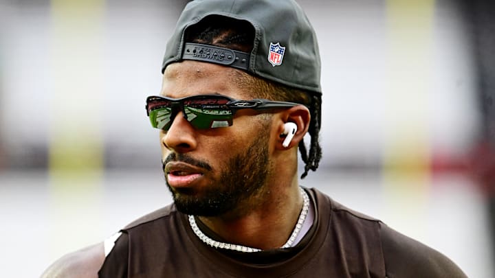 Nov 30, 2025; Cleveland, Ohio, USA;  Cleveland Browns quarterback Shedeur Sanders (12) warms up before the game against the San Francisco 49ers at Huntington Bank Field. Mandatory Credit: Ken Blaze-Imagn Images