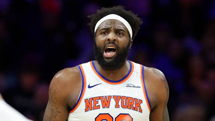 Jan 24, 2026; Philadelphia, Pennsylvania, USA; New York Knicks center Mitchell Robinson (23) reacts after a score against the Philadelphia 76ers during the third quarter at Xfinity Mobile Arena. Mandatory Credit: Bill Streicher-Imagn Images