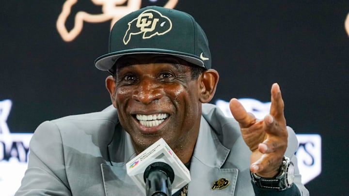 Jul 9, 2025; Frisco, TX, USA; Colorado head coach Deion Sanders speaks with the media during 2025 Big 12 Football Media Days at The Star. Mandatory Credit: Raymond Carlin III-Imagn Images