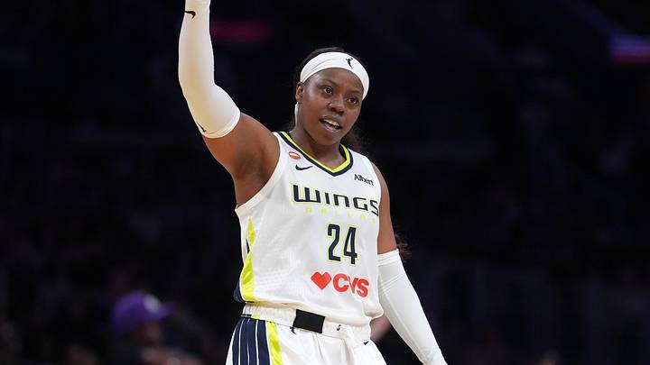 Jun 7, 2026; Los Angeles, California, USA;  Dallas Wings guard Arike Ogunbowale (24) reacts against the LA Sparks in the second half at Crypto.com Arena. Mandatory Credit: Kirby Lee-Imagn Images