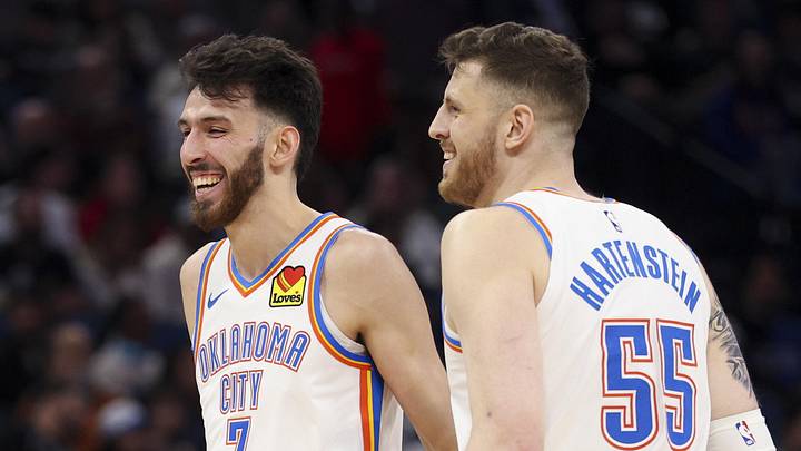 Mar 17, 2026; Orlando, Florida, USA; Oklahoma City Thunder center Chet Holmgren (7) and center Isaiah Hartenstein (55) react after a basket against the Orlando Magic in the second quarter at Kia Center. Mandatory Credit: Nathan Ray Seebeck-Imagn Images