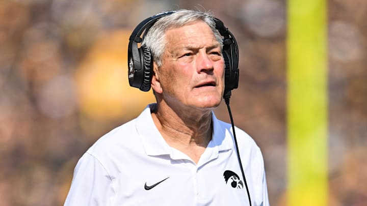 Oct 12, 2024; Iowa City, Iowa, USA; Iowa Hawkeyes head coach Kirk Ferentz looks on during the fourth quarter against the Washington Huskies at Kinnick Stadium. The victory would the 200th of Ferentz’s Big Ten career. Mandatory Credit: Jeffrey Becker-Imagn Images