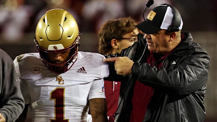 Oct 17, 2024; Blacksburg, Virginia, USA; Boston College Eagles head coach Bill O'Brien talks to quarterback Thomas Castellanos (1) during the second quarter against the Virginia Tech Hokies at Lane Stadium. Mandatory Credit: Peter Casey-Imagn Images Oct 17, 2024; Blacksburg, Virginia, USA; Boston College Eagles head coach Bill O'Brien talks to quarterback Thomas Castellanos (1) during the second quarter against the Virginia Tech Hokies at Lane Stadium. Mandatory Credit: Peter Casey-Imagn Images
