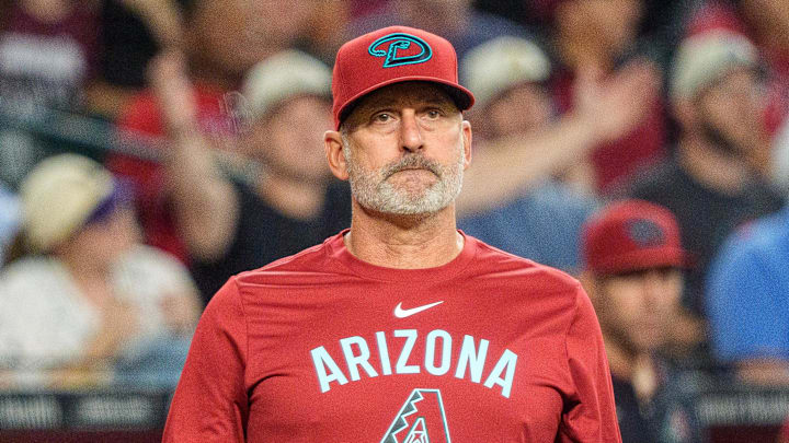 Sep 21, 2025; Phoenix, Arizona, USA; Arizona Diamondbacks manager Torey Lovullo (17) reacts after infielder Ketel Marte (not shown) was hit by a pitch in the sixth inning against the Philadelphia Phillies at Chase Field. Mandatory Credit: Allan Henry-Imagn Images Sep 21, 2025; Phoenix, Arizona, USA; Arizona Diamondbacks manager Torey Lovullo (17) reacts after infielder Ketel Marte (not shown) was hit by a pitch in the sixth inning against the Philadelphia Phillies at Chase Field. Mandatory Credit: Allan Henry-Imagn Images