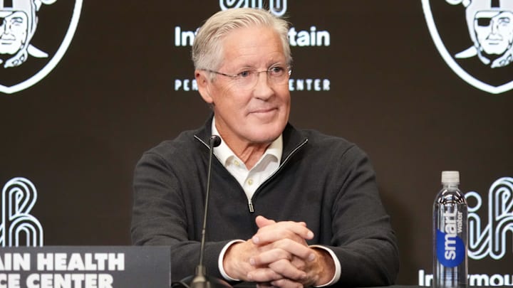 Jan 27, 2025; Las Vegas, NV, USA; Las Vegas Raiders coach Pete Carroll at press conference at Intermountain Health Performance Center. Mandatory Credit: Kirby Lee-Imagn Images