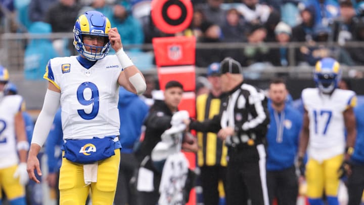 Nov 30, 2025; Charlotte, North Carolina, USA; Los Angeles Rams quarterback Matthew Stafford (9) looks on during the second quarter against the Carolina Panthers at Bank of America Stadium. Mandatory Credit: Scott Kinser-Imagn Images Nov 30, 2025; Charlotte, North Carolina, USA; Los Angeles Rams quarterback Matthew Stafford (9) looks on during the second quarter against the Carolina Panthers at Bank of America Stadium. Mandatory Credit: Scott Kinser-Imagn Images