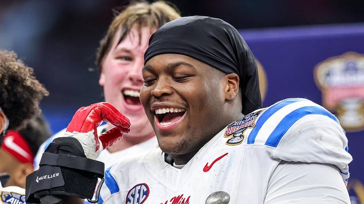 Jan 1, 2026; New Orleans, LA, USA; Mississippi Rebels defensive tackle Will Echoles (52) celebrates afteer the 2026 Sugar Bowl and quarterfinal game of the College Football Playoff against the Georgia Bulldogs at Caesars Superdome. Mandatory Credit: Stephen Lew-Imagn Images