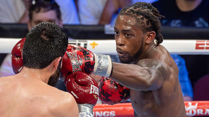Keyshawn Davis lands a jab against Miguel Madueno in their bout on June 6, 2024, at the Prudential Center in Newark, NJ.