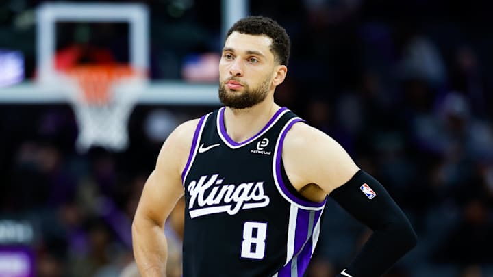 Jan 20, 2026; Sacramento, California, USA; Sacramento Kings guard Zach LaVine (8) looks on against the Miami Heat during the third quarter at Golden 1 Center.