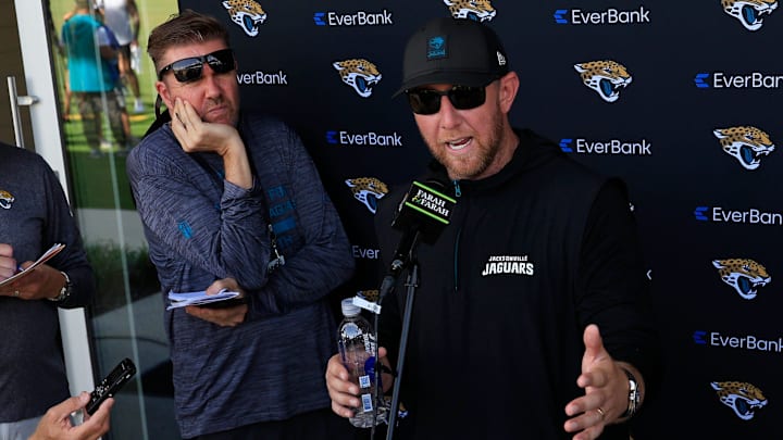 Jacksonville Jaguars head coach Liam Coen answers questions from the media after an NFL training camp session at the Miller Electric Center, Friday, July 25, 2025, in Jacksonville, Fla. [Corey Perrine/Florida Times-Union]