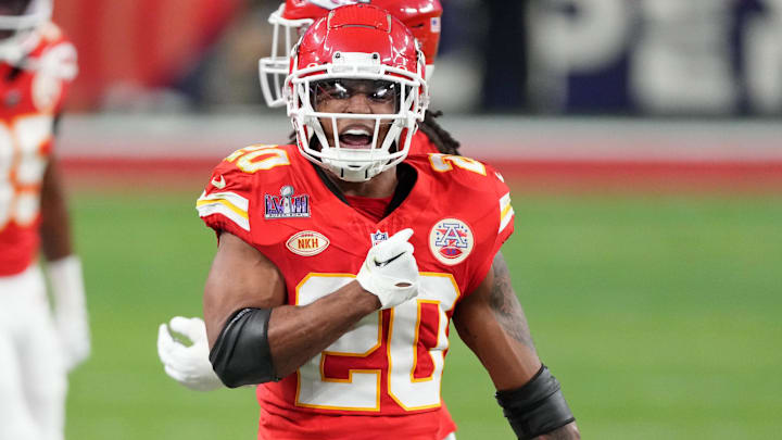 Feb 11, 2024; Paradise, Nevada, USA; Kansas City Chiefs safety Justin Reid (20) reacts after a play against the San Francisco 49ers during the second quarter of Super Bowl LVIII at Allegiant Stadium. Mandatory Credit: Kyle Terada-Imagn Images