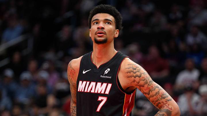 Mar 31, 2025; Washington, District of Columbia, USA; Miami Heat center Kel'el Ware (7) looks on during the second quarter against the Washington Wizards at Capital One Arena. Mandatory Credit: Reggie Hildred-Imagn Images