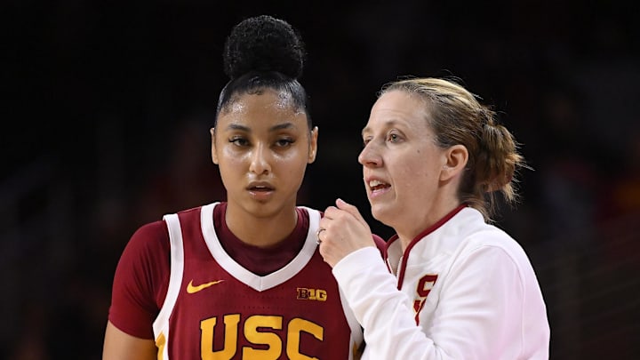 Feb 13, 2025; Los Angeles, California, USA; USC Trojans guard JuJu Watkins (12) and head coach Lindsay Gottlieb during the second half against the UCLA Bruins at Galen Center. Mandatory Credit: Robert Hanashiro-Imagn Images Feb 13, 2025; Los Angeles, California, USA; USC Trojans guard JuJu Watkins (12) and head coach Lindsay Gottlieb during the second half against the UCLA Bruins at Galen Center. Mandatory Credit: Robert Hanashiro-Imagn Images