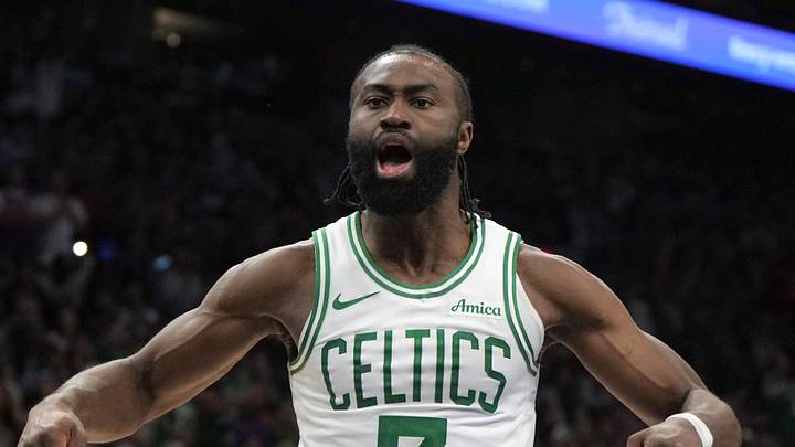 Mar 26, 2025; Phoenix, Arizona, USA; Boston Celtics guard Jaylen Brown (7) reacts after scoring against the Phoenix Suns during the second half at Footprint Center. Mandatory Credit: Rick Scuteri-Imagn Images