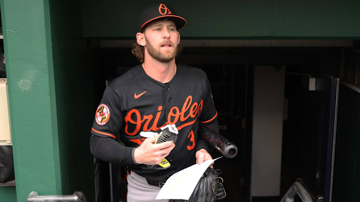 Apr 5, 2026; Pittsburgh, Pennsylvania, USA;  Baltimore Orioles left fielder Taylor Ward (3) enters the dugout to play the Pittsburgh Pirates at PNC Park. Mandatory Credit: Charles LeClaire-Imagn Images