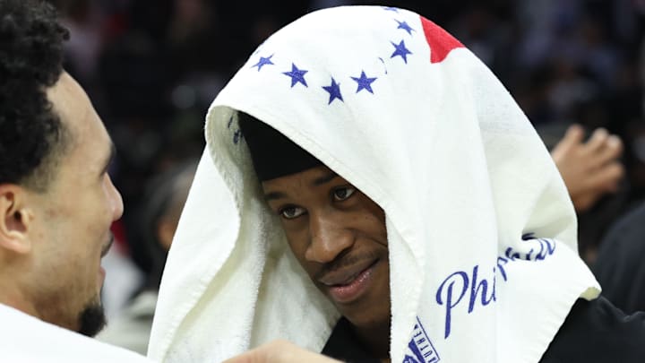 Mar 23, 2026; Philadelphia, Pennsylvania, USA; Philadelphia 76ers guard Vj Edgecombe (R) and Oklahoma City Thunder guard Jared McCain (L) talk after the game at Xfinity Mobile Arena. Mandatory Credit: Bill Streicher-Imagn Images