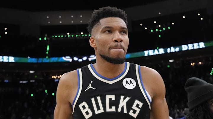 Jan 23, 2026; Milwaukee, Wisconsin, USA;  Milwaukee Bucks forward Giannis Antetokounmpo (34) walks from the court following the game against the Denver Nuggets at Fiserv Forum. Mandatory Credit: Jeff Hanisch-Imagn Images