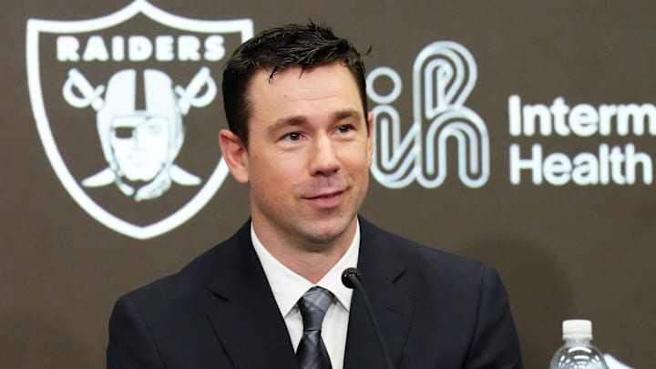 Feb 10, 2026; Henderson, NV, USA; Las Vegas Raiders coach Klint Kubiak speaks at introductory press conference at Intermountain Health Performance Center. Mandatory Credit: Kirby Lee-Imagn Images